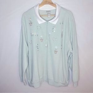 Koret Francisca 3/4 Zip Vintage 90’s Collared Green Flower Embroidered Sweater